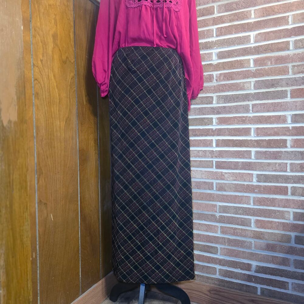 VTG Citiknits Plaid Slinky Travel Knit Maxi Skirt Black Red Yellow Plus 1X